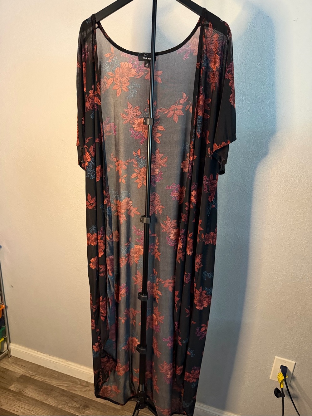 torrid Black Sheer Maxi Duster with Red Floral Design